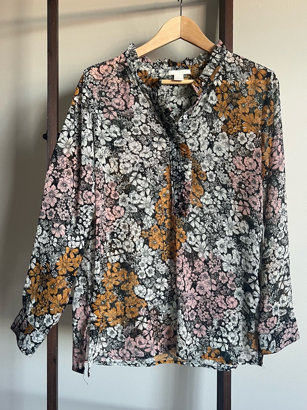 H&M Floral Ruffled Split-Neck Blouse in Black, Pink & Mustard
